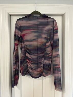 Anthropologie Sheer Long-Sleeve Mesh Top in Purple and Pink Watercolor Stripe